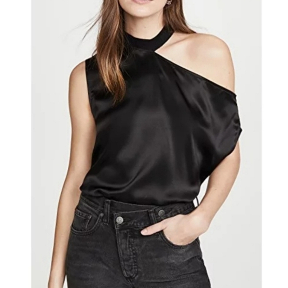 RtA Axel Silk Top Black Rib Neck Tee Cut-out One-Shoulder